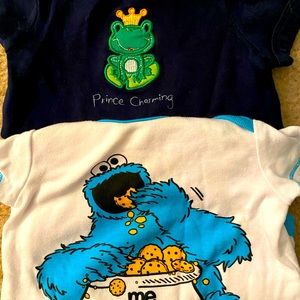 Two 3-6 month onesies - Cookie Monster & Prince Charming